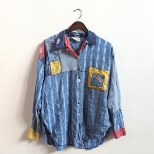 Vtg Faith by Celia Forester Button Down Blouse Women's Sz L Colorblock Patchwork